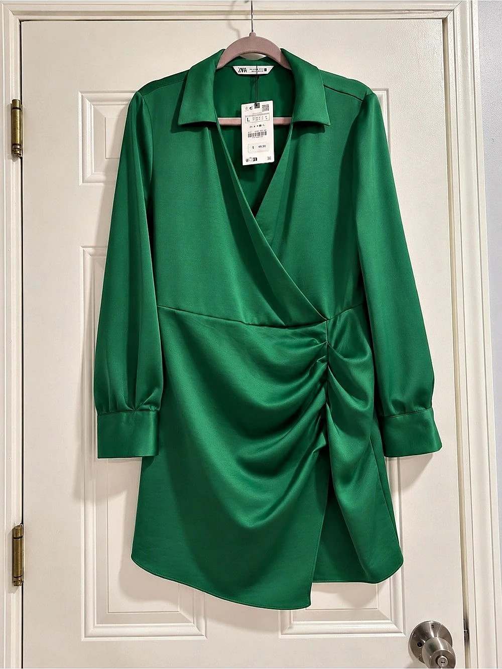 Zara Wrap Shirt Dress Green Ruched Wrap Mini Dress Size Large